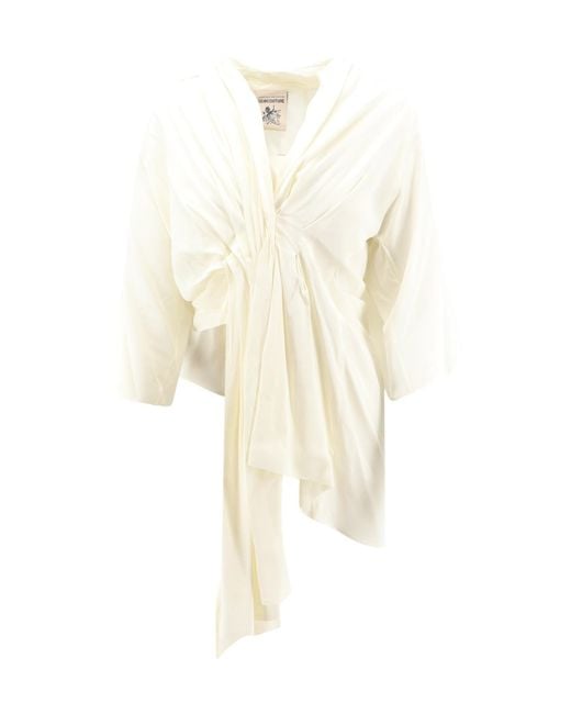 Semicouture White V-Neck Pleated Blouse