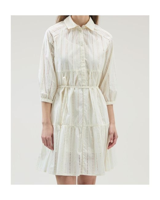 Woolrich Natural Broderie Anglaise Tied Waist Shirt Dress