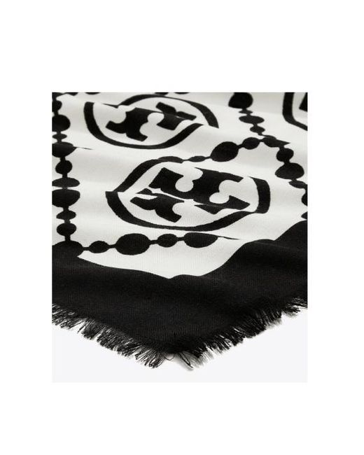 Tory Burch White T-Monogram Frayed Edge Scarf