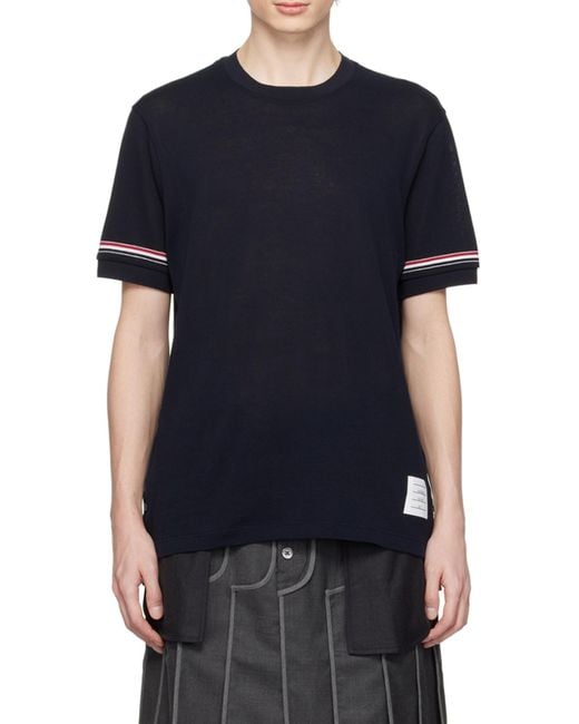 Thom Browne Blue Stripe Detailed Crewneck T-Shirt for men