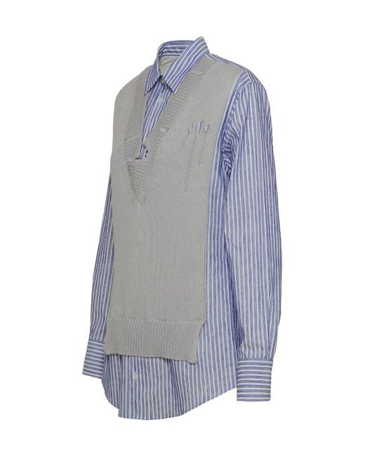 Maison Margiela Blue V-Neck Destroyed Effect Spliced Shirt