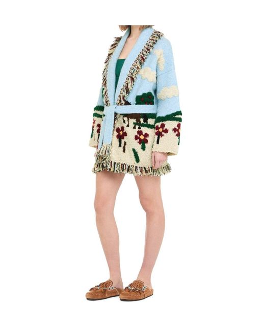 Alanui Blue Casa Fringed Intarsia-Knit Cardi-Coat