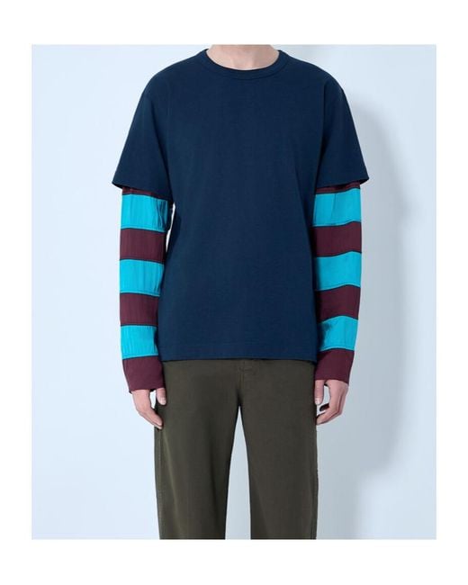 Dries Van Noten Blue Striped Contrast-Sleeve T-Shirt for men