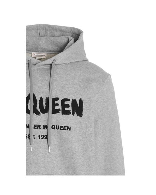 McQueen Gray Logo Print Drawstring Hoodie for men