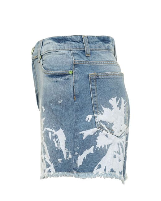 Barrow Blue Abstract Printed Fringed Denim Shorts