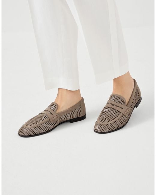 Brunello Cucinelli Brown Net Detailed Slip-On Loafers