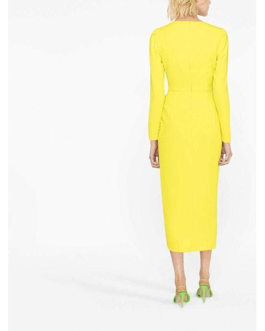 Self-Portrait Yellow Lime Crepe Ruched Midi Dress