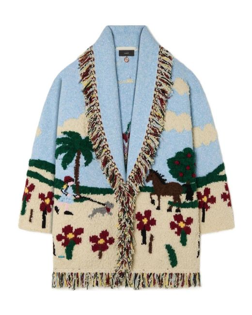 Alanui Blue Casa Fringed Intarsia-Knit Cardi-Coat
