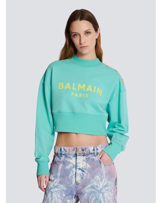 Balmain Blue Logo Printed Crewneck Cropped Sweatshirt