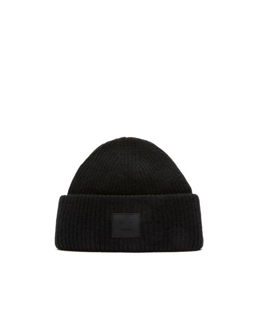 Acne Black Large Face Logo Beanie for men