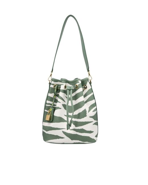 MCM White Dessau Zebra Printed Medium Bucket Bag