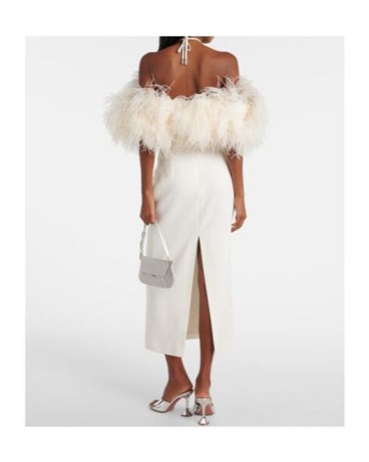David Koma White Bridal Feather-Trimmed Midi Dress