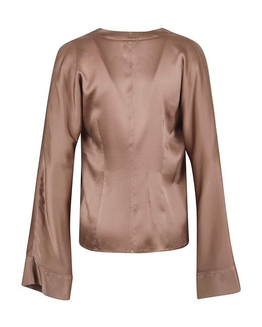 Forte_forte Brown Shiny Stretch Silk Satin Crossed Shirt