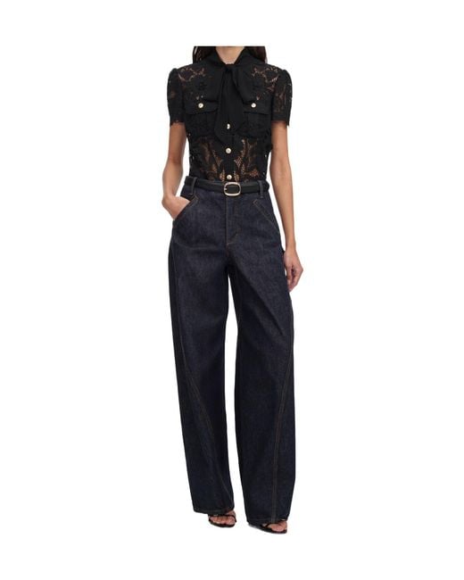 Self-Portrait Blue Lace Tie Neck Top