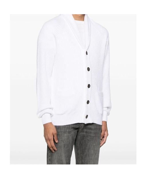 Brunello Cucinelli White Shawl Lapel Knitted Cardigan for men