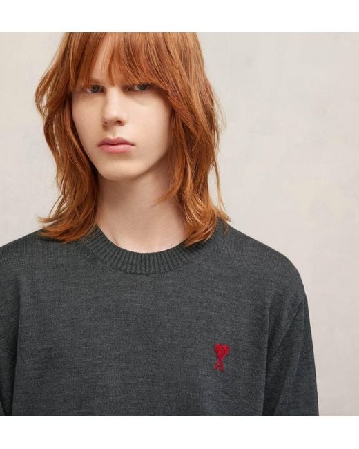 AMI Gray Ami De Coeur Logo Embroidered Crewneck Jumper for men