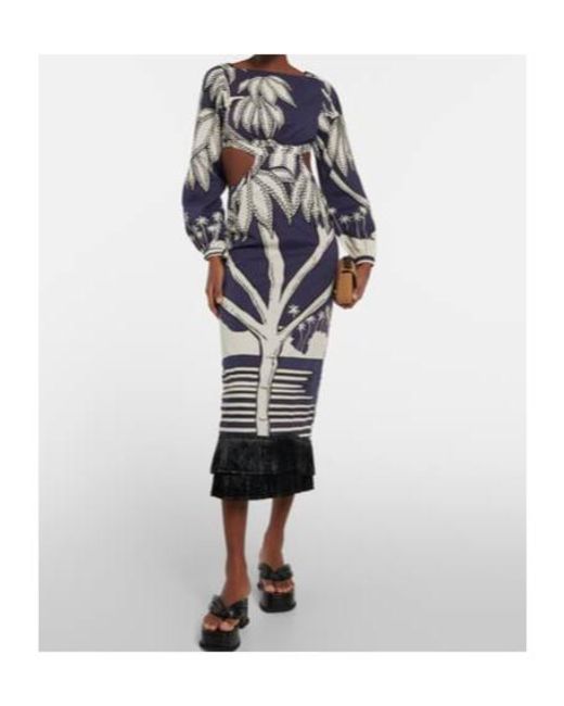 Johanna Ortiz Blue Printed Fringe-Trimmed Cotton Maxi Dress