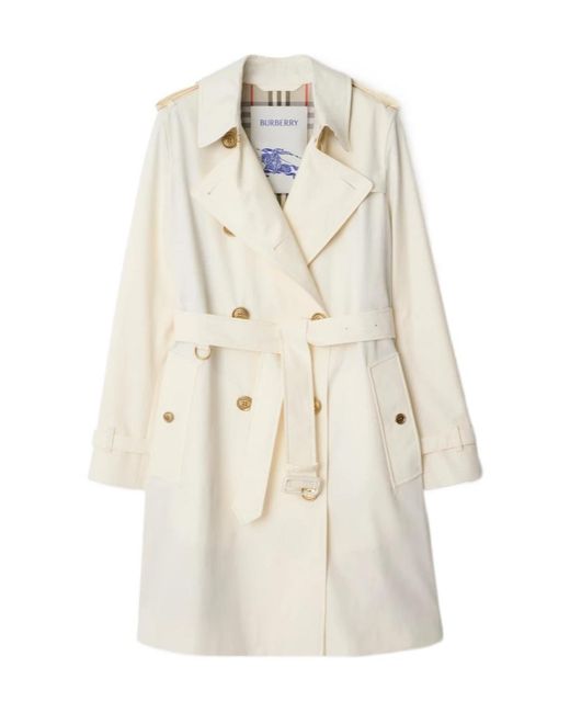 Burberry White Double Breasted Gabardine Kensington Trench Coat