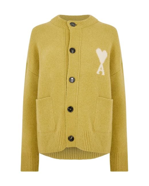 AMI Yellow Round-Neck Knit Cardigan