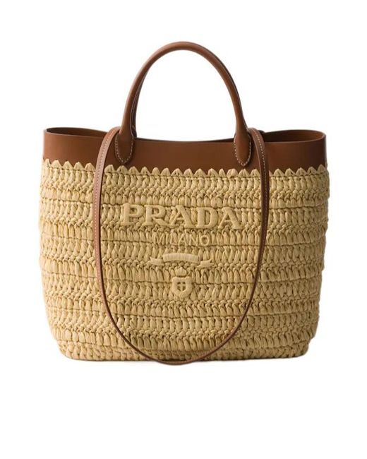 Prada Metallic Small Crochet And Leather Tote Bag