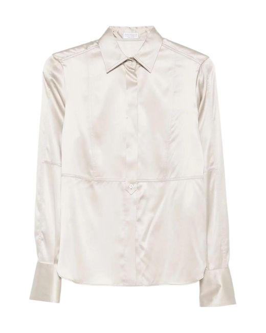 Brunello Cucinelli White Long-Sleeve Silk Shirt