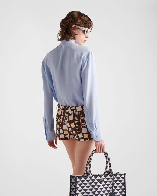 Prada Blue Jacquard Crepe De Chine Blouse