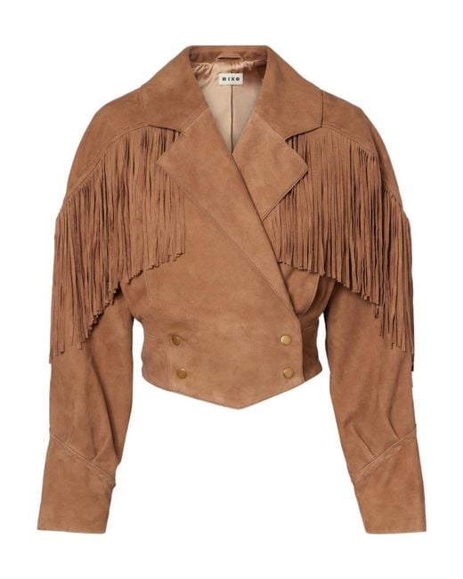 Rixo Brown Fishtail Embellished Leather Jacket