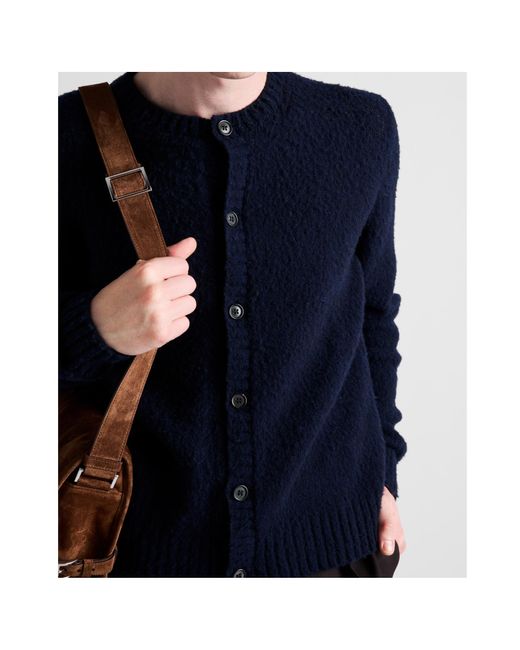 Prada Blue Shetland Crewneck Cardigan for men