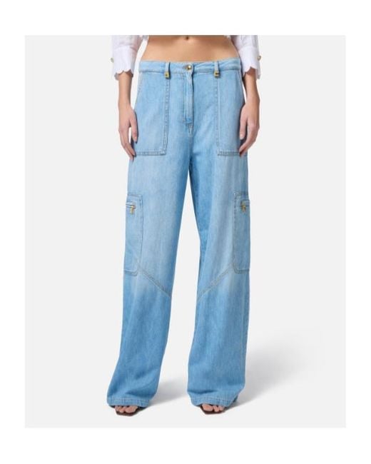Elisabetta Franchi Blue Maxi Pockets Jewelled Detailed Cargo Jeans