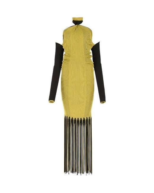 Bottega Veneta Yellow Halterneck Ribbed Fringed Dress