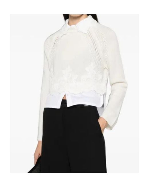 Ermanno Scervino White Lace Trim Layered-Effect Knitted Sweater