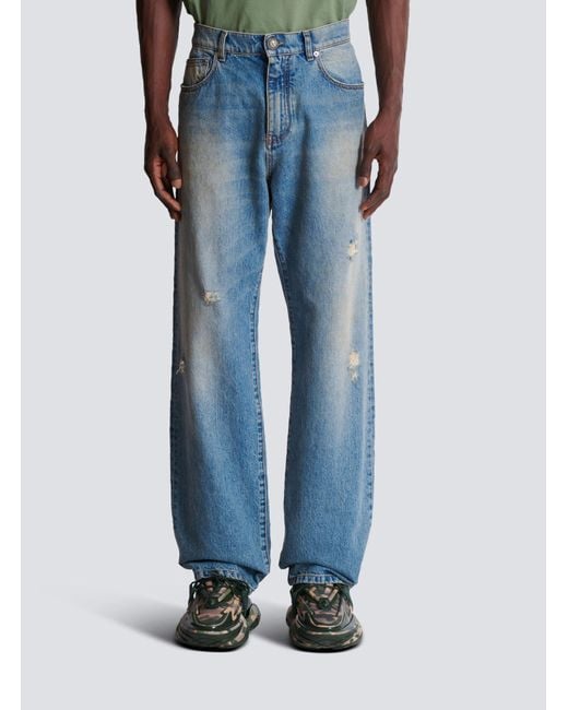 Balmain Blue Distressed Loose-Fit Jeans for men