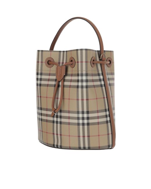 Burberry Gray Checked Drawstring Bucket Bag