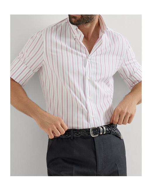 Brunello Cucinelli White Stripe-Pattern Button-Down Collar Shirt for men