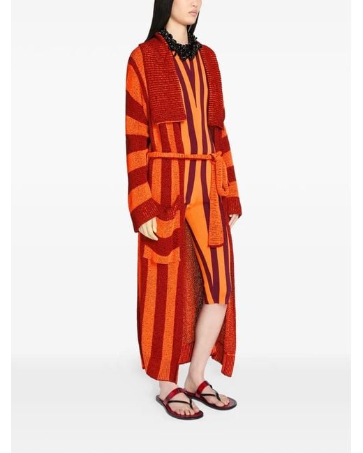 Dries Van Noten Red Belted Striped Cardigan