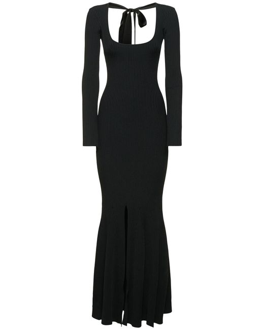 David Koma Black Open Back Satin Bow Detail Rib Knit Gown