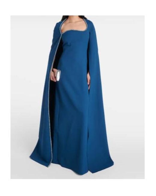 Safiyaa Blue Mattia Embellished Caped Crêpe Gown