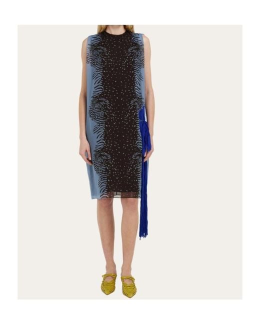 Ferragamo Blue Silk Dress With Flower Detail