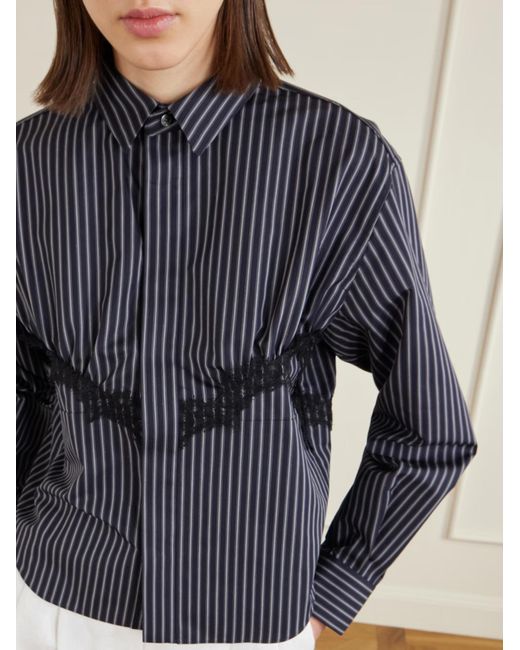 Sacai Blue Striped Lace-Trimmed Cotton-Blend Poplin Shirt