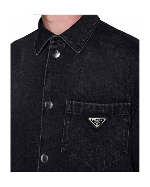 Prada Black Logo Plaque Short Sleeved Denim Shirt for men