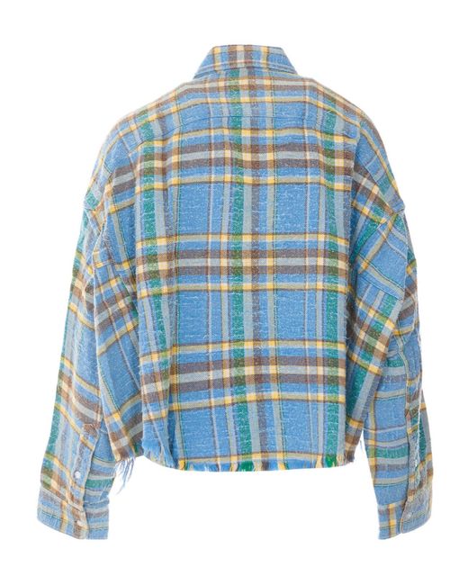 R13 Blue Check Pattern Cropped Fringed Work Shirt