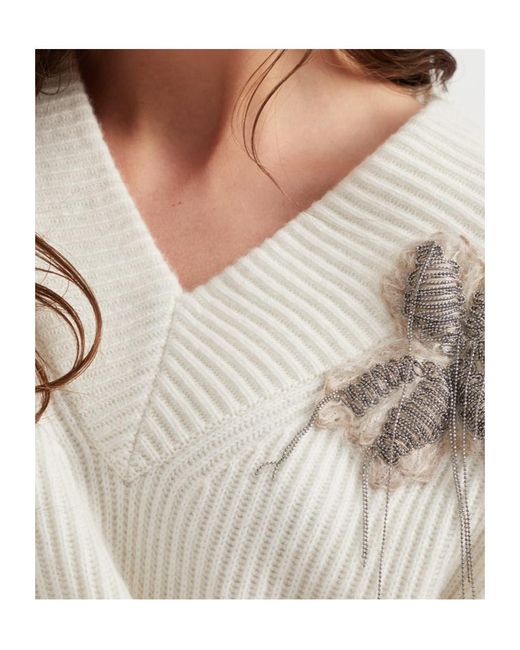 Brunello Cucinelli White V-Neck Embellished Knit Mini Dress