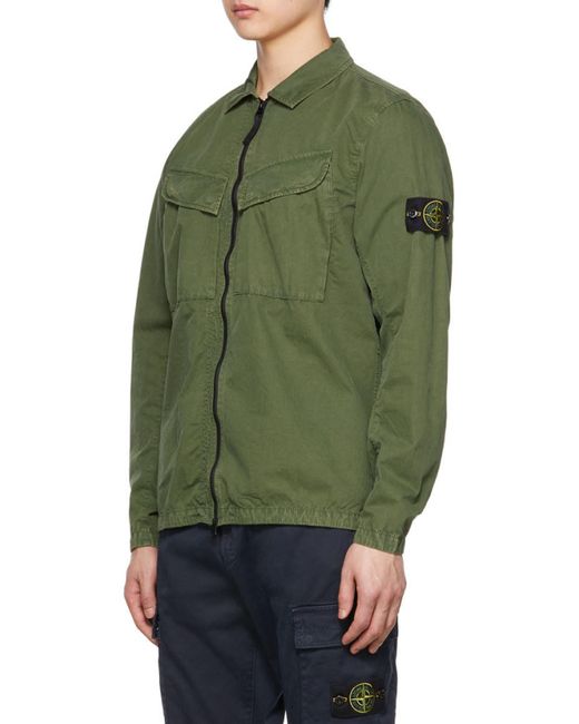 Stone Island Green Compass-Logo Zip-Up Shirt Jacket for men