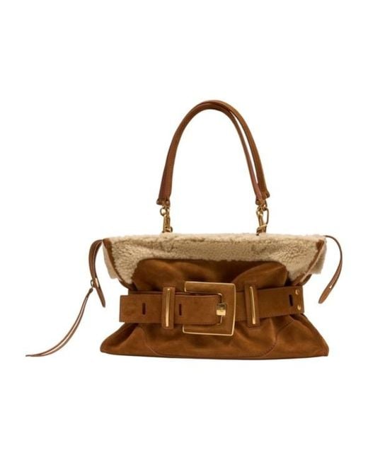 Balmain Brown Anthem Buckled Shearling Shoulder Bag