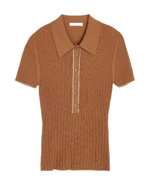 By Malene Birger Brown Benita Ribbed-Knit Polo Shirt
