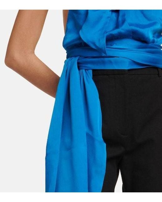 Alexandre Vauthier Blue Silk Charmeuse Tie-Neck Top