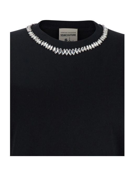 Semicouture Black Semi Couture Round Neck T-Shirt With Embellishments