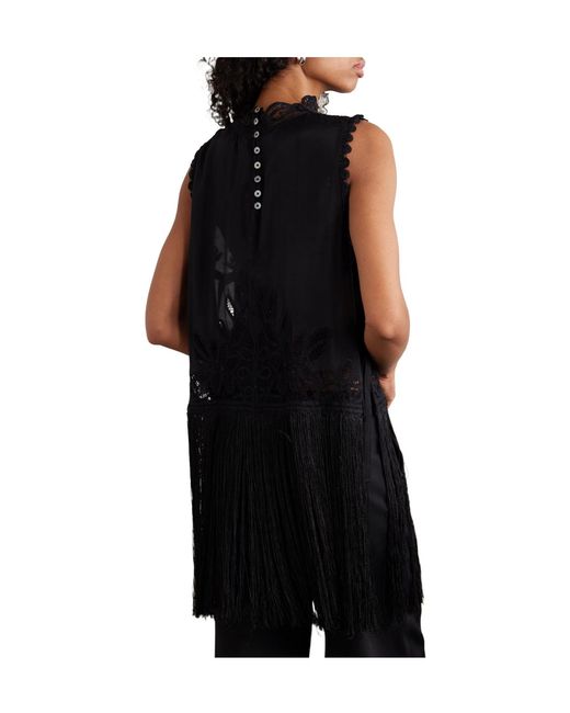 Sea Black Adelina Tie-Side Fringed Lace-Paneled Woven Top