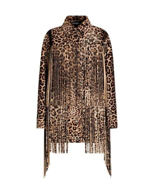 Dolce & Gabbana Brown Leopard-Print Fringe Coat