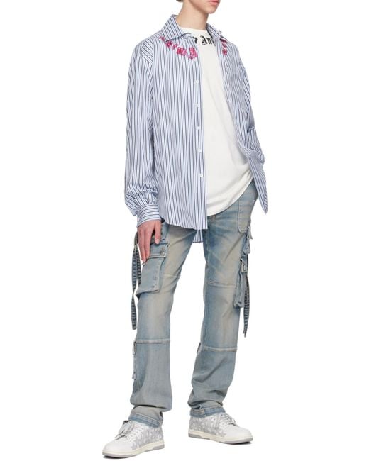 Palm Angels Blue Logo Printed Striped Shirt for men